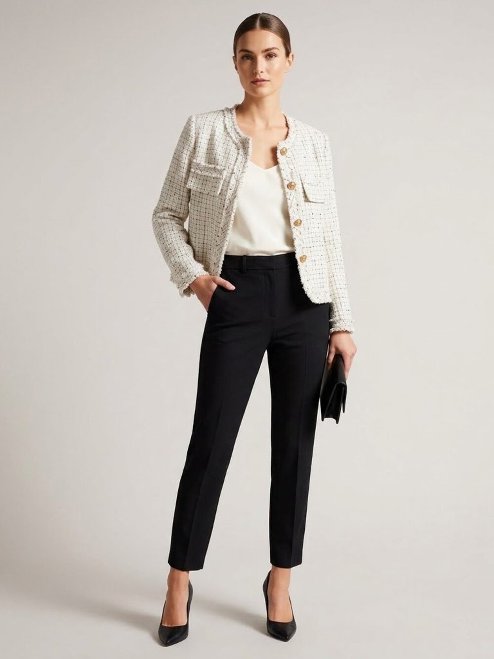 Beulah Style Cream Tweed Blazer with Gold Buttons